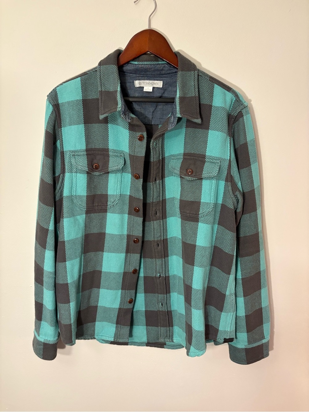 Outerknown Blanket Shirt Teal Charcoal Buffalo Plaid — Size Large 🌲